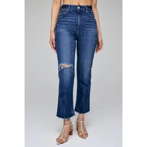 Moussy Vintage High Rise Raw Hem Distressed Cropped Bootcut Jeans Blue Size 26